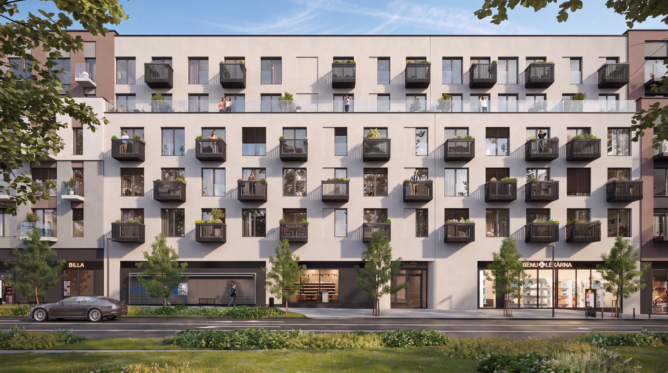 Vizualizace průčel&iacute; City Block Kleinerova s obchody v př&iacute;zem&iacute;