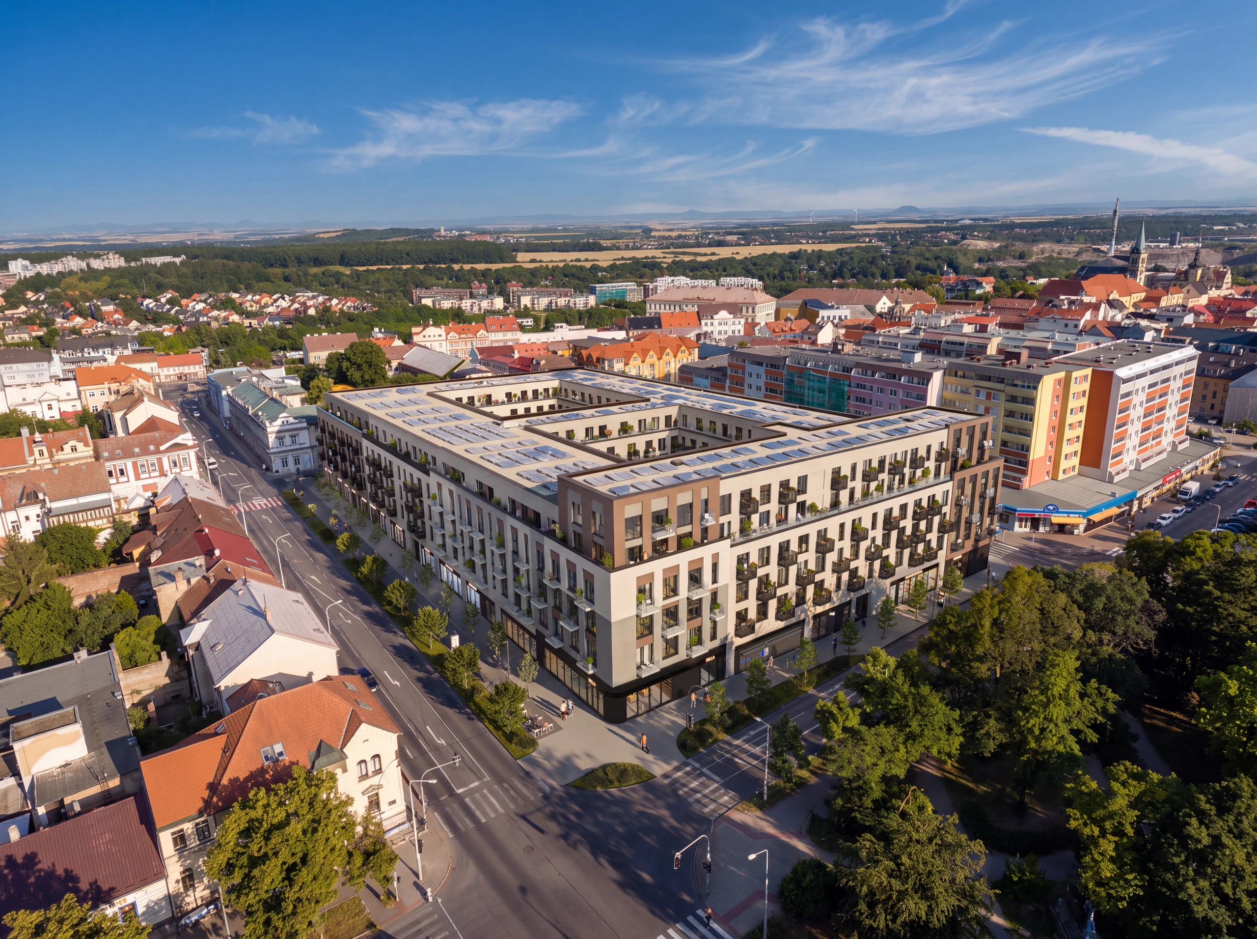 Leteck&yacute; pohled na City Block Kleinerova v centru Kladna